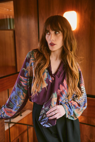 Crane Plum Pussy Bow Blouse S/M