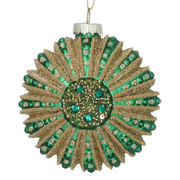 Glass Hanging Dec 9cm - Green/Gold Ornate Disc