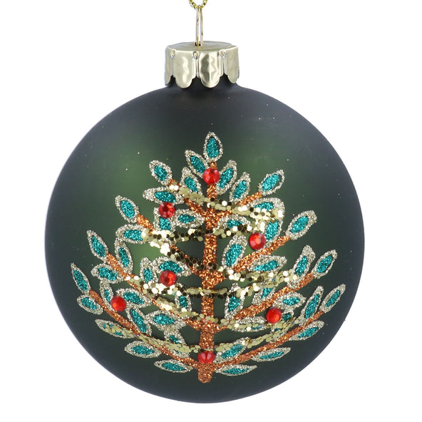 Glass Bauble 8cm - Green with Glitter Tree