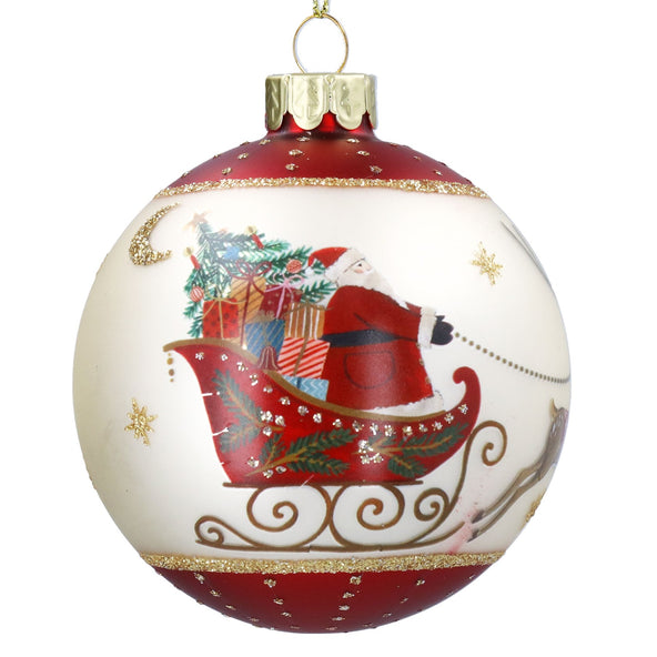 Glass Bauble 8cm - Red Border Nostalgia Sleigh