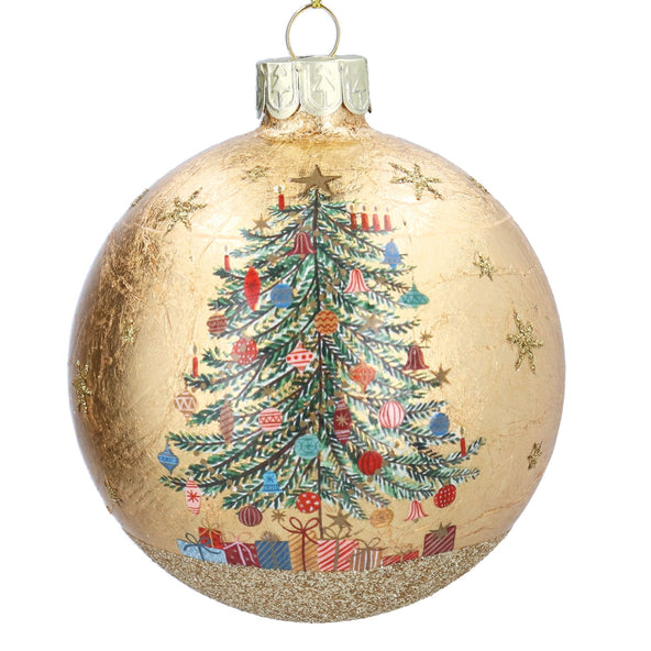 Glass Bauble 8cm - Gold Leaf/Nostalgia Tree