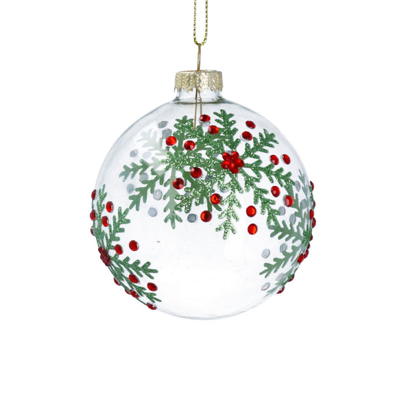 Glass Bauble 8cm - Clear w Glitter Holly Snowflakes