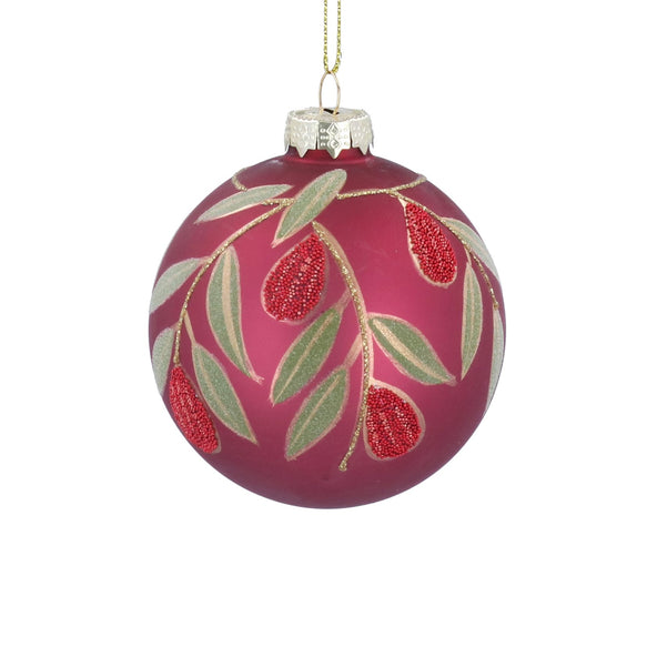 Glass Bauble 8cm - Matt Cerise w Beaded Fruit/Leaves