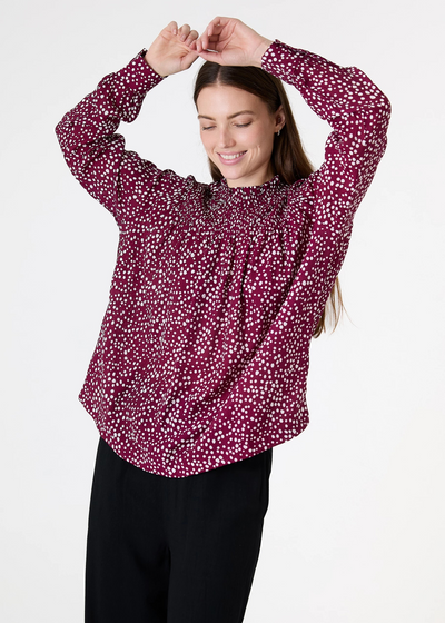 Ditsy Spot High Neck Shirred Blouse Berry