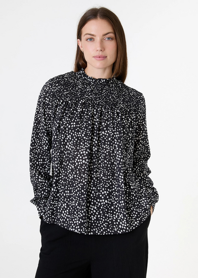 Ditsy Spot High Neck Shirred Blouse Black