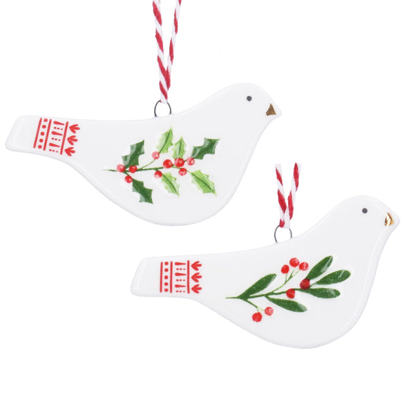 Ceramic Hanging Dec 8cm - Bird w Holly/Red Berry,