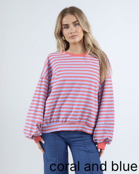 Stripey Balloon Sleeve Cotton Jumper Coral and Blue