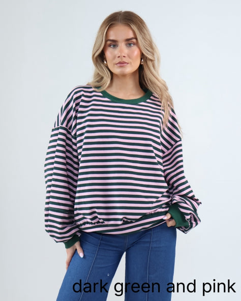 Stripey Balloon Sleeve Cotton Jumper Dark Green and Pink