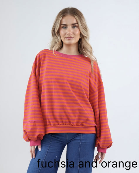 Stripey Balloon Sleeve Cotton Jumper Fuchsia and Orange