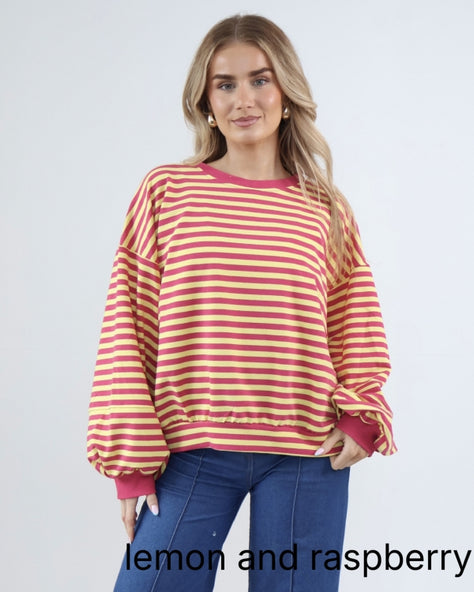 Stripey Balloon Sleeve Cotton Jumper Lemon and Raspberry