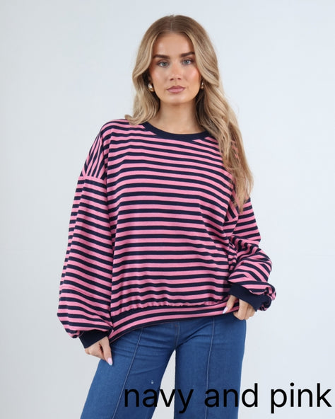 Stripey Balloon Sleeve Cotton Jumper Navy and Pink