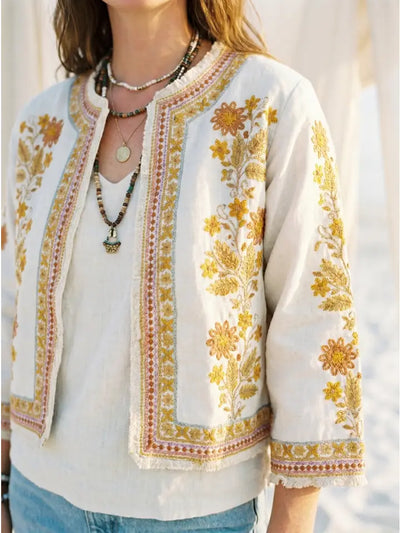 Boho Embroidered Jacket, Suzani Quilted Short Jacket White