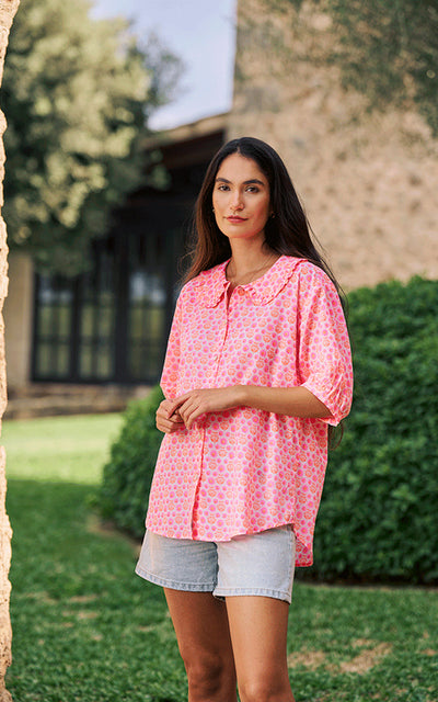 Marseille Short Sleeve Blouse Neon Pink and Orange