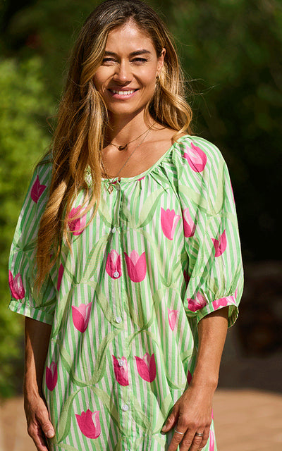 Nice Midi Cotton Dress Printed Pattern Green/Pink Tulips