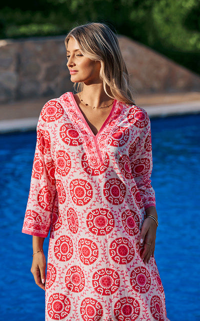 Valetta V-Neck Cotton Dress Printed Pattern White/Red