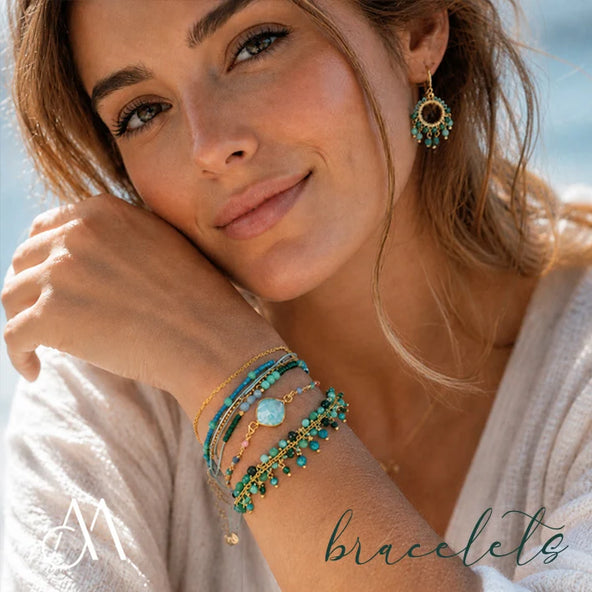 Handcrafted Gemstone & Crystal Earrings – 18K Gold-Plated 925 Silver Hooks Green : Turquoise & Green Aventurine