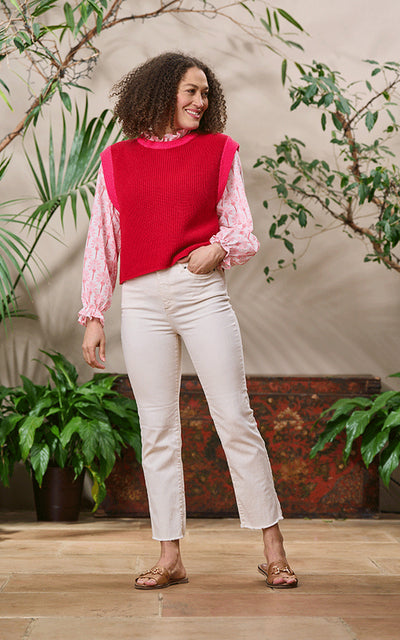 Truro Cotton Tank Top Contrast Trim Red and Pink