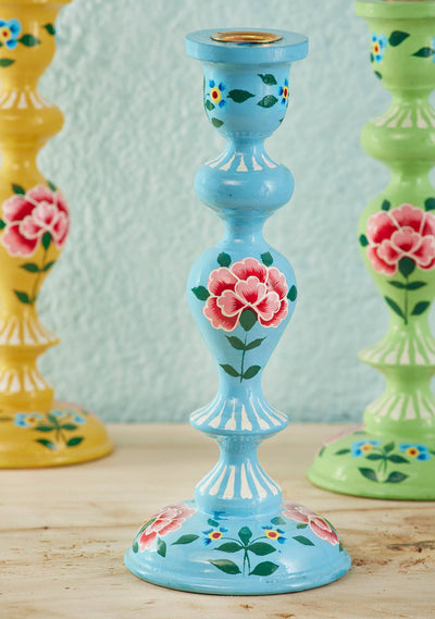 Chrysanthemum Extra Large Hand Painted Candlestick: Blue