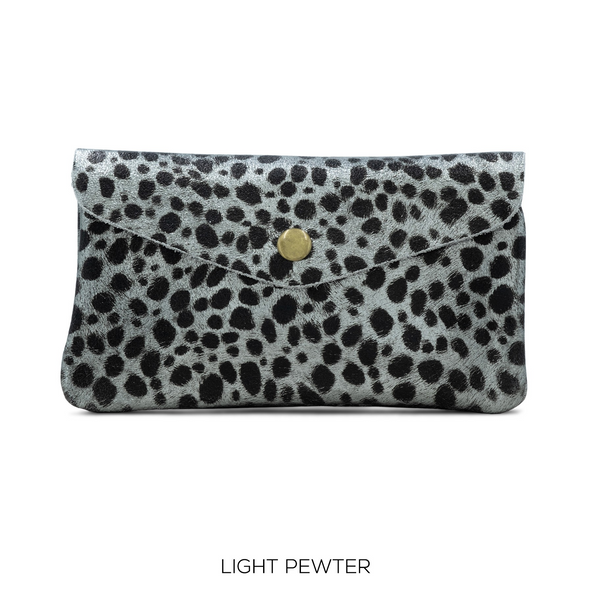 Large Leather Button Purse Animal Print Pewter