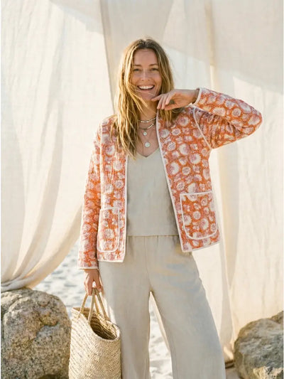 Quilted Kimono Reversible Block Printed Jacket, Quilted White Orange