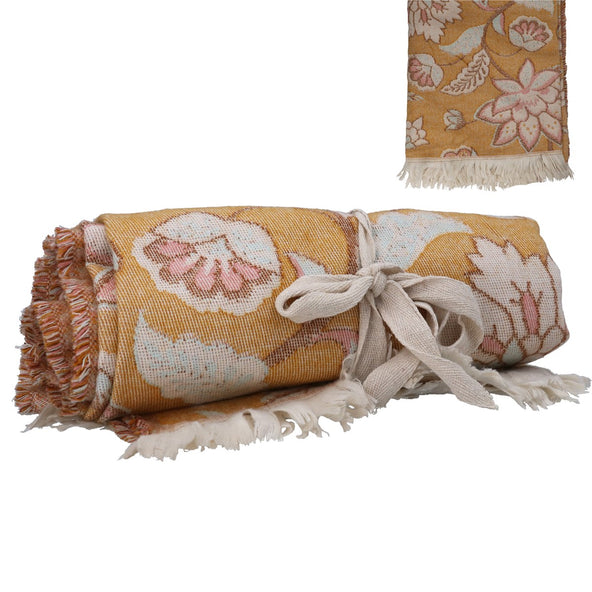 Ochre Tapestry Flowers Cotton Throw 125cm