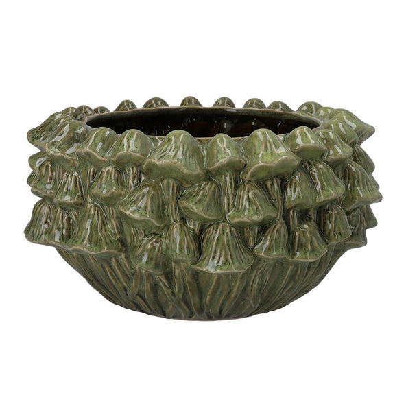 Stoneware Dec Pot Cover 25cm - Green Mushroom Bowl