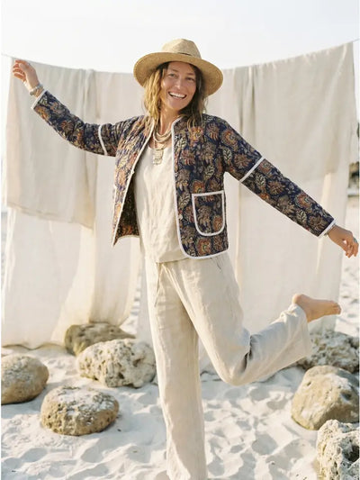Quilted Jacket, Hand Block Printed Summer Jacket, Padded Blue