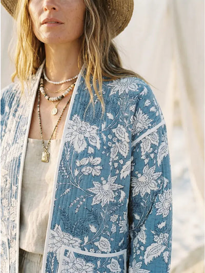 Quilted Kimono Reversible Block Printed Jacket, Quilted Blue