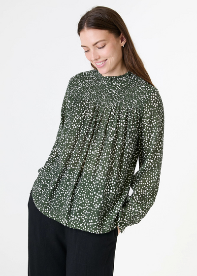 Ditsy Spot High Neck Shirred Blouse Leaf Green