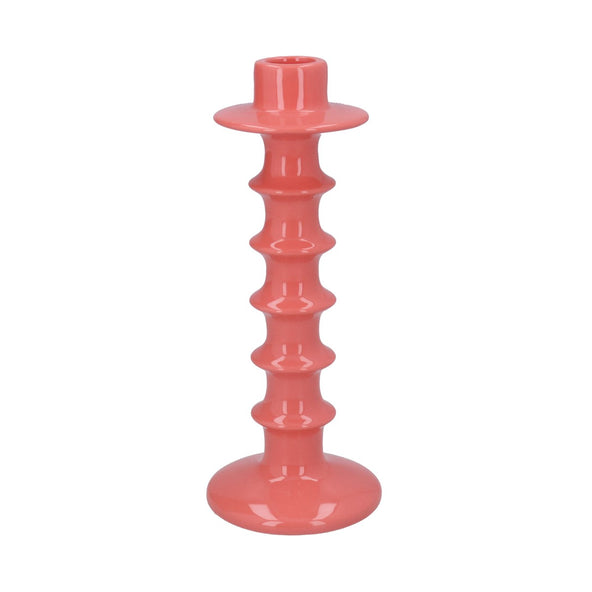 Candy Pink Hooped Ceramic Candlestick 22cm