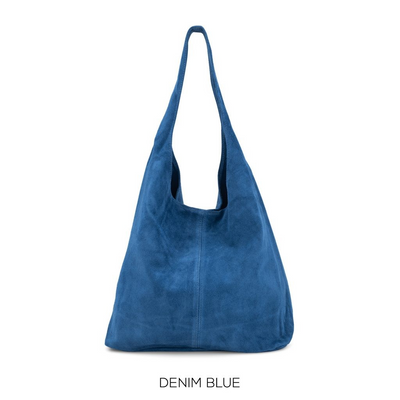 Suede Leather Slouchy Hobo Denim Blue