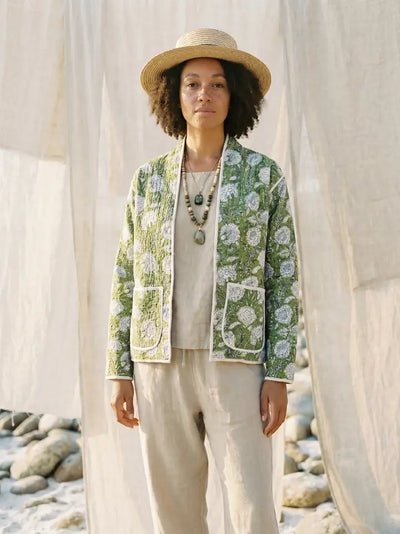 Quilted Kimono Reversible Block Printed Jacket, Quilted Green