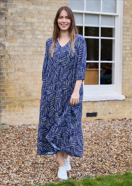 Dotty Tropical Palm Tiered Dress Navy