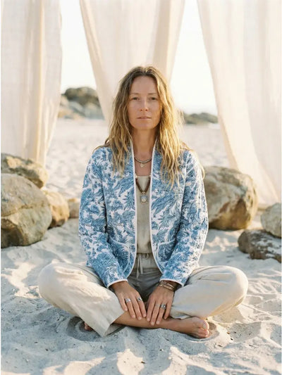 Quilted Kimono Reversible Block Printed Jacket, Quilted White Blue