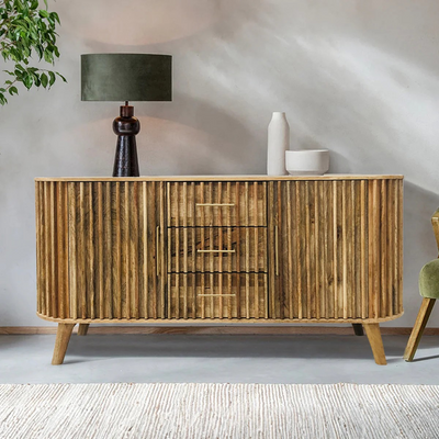 2 Door 3 Drawer Ribbed Sideboard Mango Wood. D45 x W164 x H80 cm