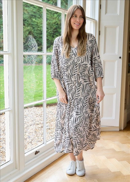 Dotty Tropical Palm Tiered Dress Ivory
