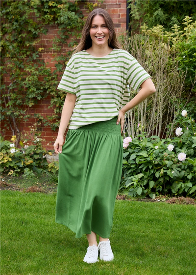 Linen Viscose Shirred Waist A-Line Maxi Skirt Green