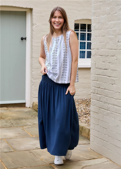 Linen Viscose Shirred Waist A-Line Maxi Skirt Navy