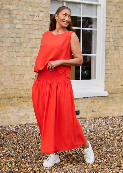 Linen Viscose Shirred Waist A-Line Maxi Skirt Red