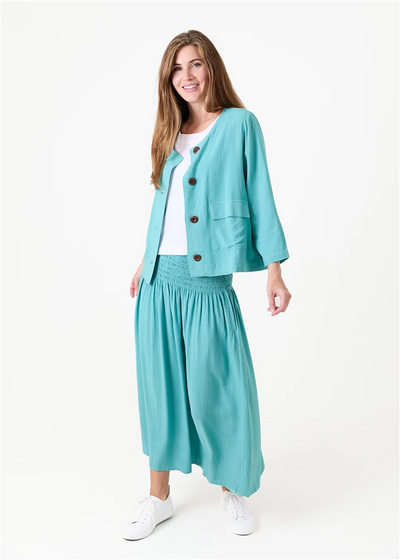 Linen Viscose Shirred Waist A-Line Maxi Skirt Sea Foam