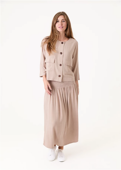Linen Viscose Shirred Waist A-Line Maxi Skirt Stone