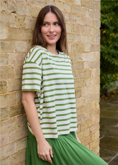Cotton Stripe Wide Neck Boxy T-Shirt Green