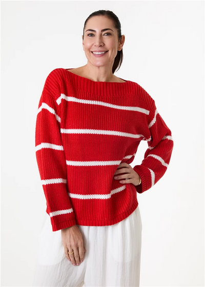 Cotton Mix Boat Neck Stripe Jumper Red