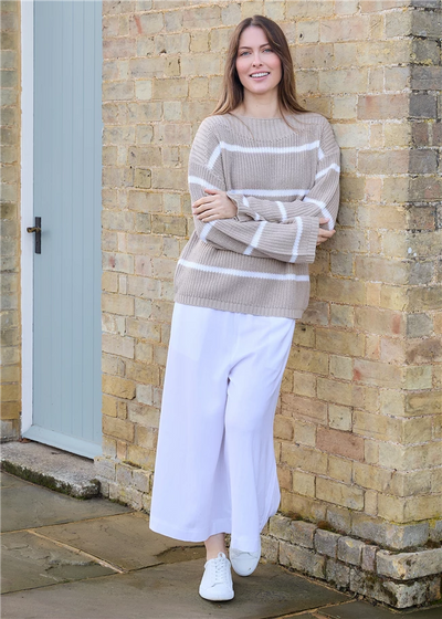 Cotton Mix Boat Neck Stripe Jumper Stone