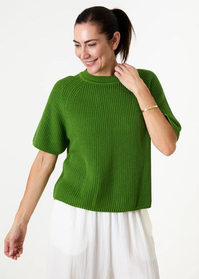 Cotton Mix Rib Short Sleeve Raglan Jumper Basil Green
