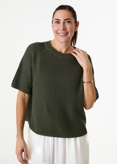 Cotton Mix Rib Short Sleeve Raglan Jumper Khaki