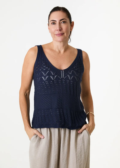Cotton Mix Pointelle v Neck Vest Top Navy