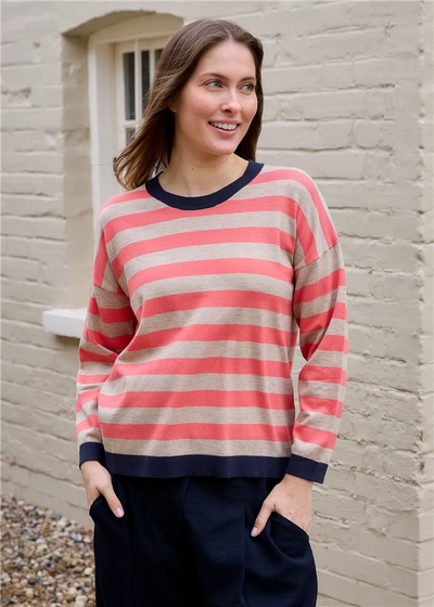 Cashmere Like Crew Neck Block Stripe Jumper Coral