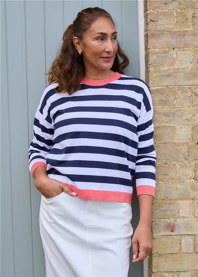 Cashmere Like Crew Neck Block Stripe Jumper Navy