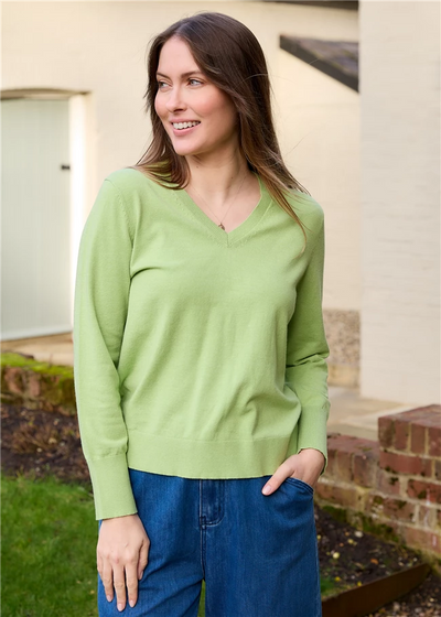 Cashmere Like Deep Cuff Fitted v Neck Jumper Soft Lime
